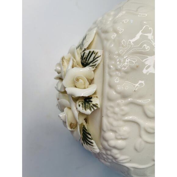 Vintage Porcelain Pitcher 3D Roses Lattice Neck 7.5" Cream Home Decor Rose Vase - Picture 2 of 12